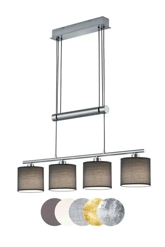 lightling Marita 4-flammige Pendelleuchte - Moderne Hängeleuchte aus nickel matt Metall mit 4 grauen Stoffschirmen, höhenverstellbar von 95-150 cm. Ideal für präzise Ausleuchtung über Esstisch oder Kücheninsel.