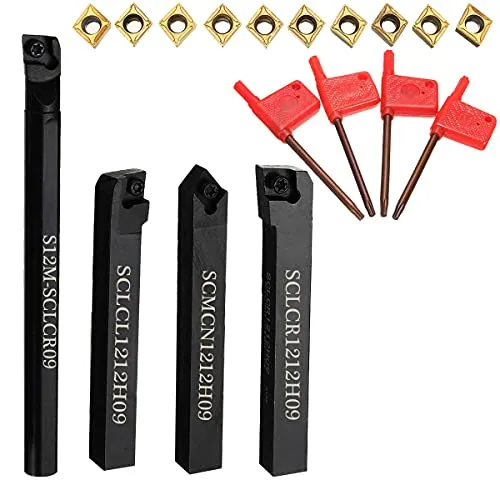 Maizoon CNC-Drehbank-Werkzeughalter, 4 Stück, S12M-SCLCR09 SCLCR1212H09 SCLCL1212H09 SCMCN1212H09 + 10 Hartmetall-Einsätze + 4 Schraubenschlüssel, robuste Drehmaschine Innennut Drehbohrstange DZ07