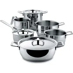 Alessi Pots&Pans - 9-teiliges Topf-Set - Kochtöpfe aus hochglanzpoliertem Edelstahl 18/10, ideal für alle Herdarten, inklusive Induktion. Mit funktionalen Details wie einem praktischen Deckelgriff für sicheres Anheben.