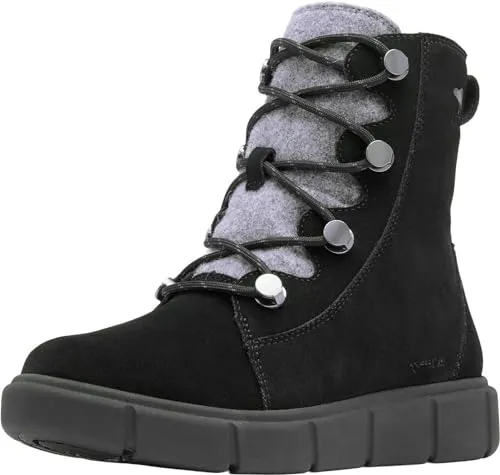Sorel Explorer III Joan WP Damenstiefel in Schwarz - Wasserdichter Damenstiefel mit 100g Isolierung, komfortable EVA-Sohle und stilvollem Kunstfell. Ideal für kalte Tage und vielseitige Outdoor-Aktivitäten.