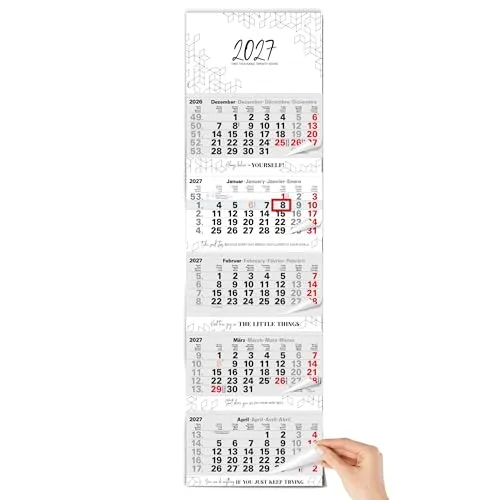 TOBJA® 5 Monatskalender 2027 Block Wandkalender 33x115 cm - Mit Motivations-Sprüchen, rotem Datumsschieber, Metallöse | 4-sprachig DE/EN/FR/ES | FSC