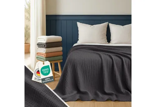 Blumtal Tagesdecke - Oeko-TEX zertifizierte Musselin Decke aus 100% Baumwolle - Tagesdecken im Boho-Stil, leicht und atmungsaktiv, ideal als Bettüberwurf oder Sommerdecke. Pflegeleicht, waschbar bei 40 °C und in verschiedenen Farben und Größen erhältlich.
