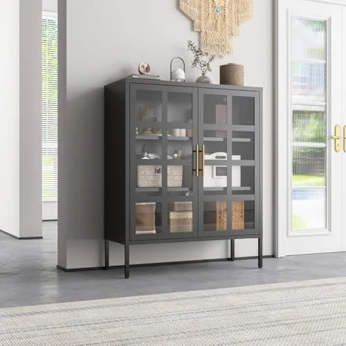 Mein-Regal Highboard Glasgow Schwarz - Elegante Glasvitrine aus Metall, vielseitig für Wohnzimmer und Büro, mit höhenverstellbaren Einlegeböden und modernem Industrial Style