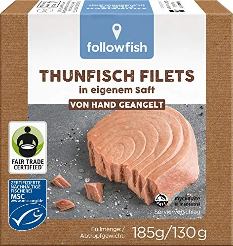 followfish MSC Thunfisch Filets im eigenen Saft, 185 g - Fisch & Meeresfrüchte, nachhaltig gefangen und Fair Trade-zertifiziert aus den Malediven – ideal für Salate, Pasta und mehr.