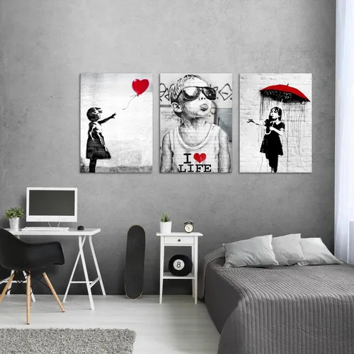 Novart Bild Wandbilder Set - Banksy Style Collage für Wohnzimmer - Kunstdrucke im Pop Art Graffiti Stil, bestehend aus 3 Bildern (30x40 cm), ideal für ein kreatives Ambiente in jedem Raum, made in Germany.