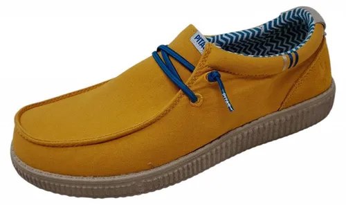 Pitas Ledro Leinenschuh Gelb in Gr. 43 - Stylischer Leinenschuh in der Trendfarbe mostaza. Perfekt für den Sommer, mit flachem Absatz und schnürbarem Design für optimalen Tragekomfort.