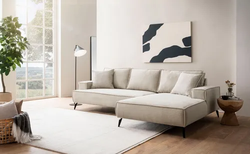 andas Ecksofa TVINNU L-Form in Cord - Sofa mit wahlweise Recamiere, bequemer Sitzkomfort und skandinavisches Design für ein gemütliches Zuhause. Hergestellt aus hochwertigen Materialien in hellbeige mit schwarzen Füßen.