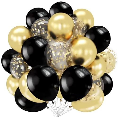 Luftballons Schwarz Gold, 62 Stück Latex Luftballons Gold Schwarz mit Golden Konfetti Ballons, Party Deko Helium Ballons für Geburtstag Hochzeit Abschluss Neujahr Ramadan Mubarak Ruhestand Jahrestag