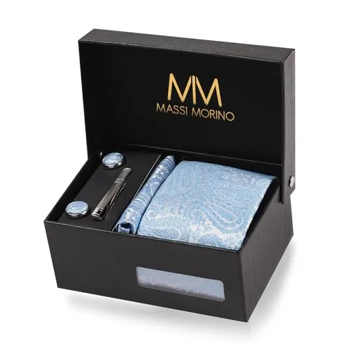 Massi Morino Krawatte Paisley Hellblau Set mit Einstecktuch, Manschettenknöpfen und Krawattennadel - Krawatten & Fliegen-Sets für Herren, 5-in-1 Geschenkset mit hochwertiger Krawatte, Einstecktuch und Manschettenknöpfen in edler Geschenkbox für jeden Anlass.