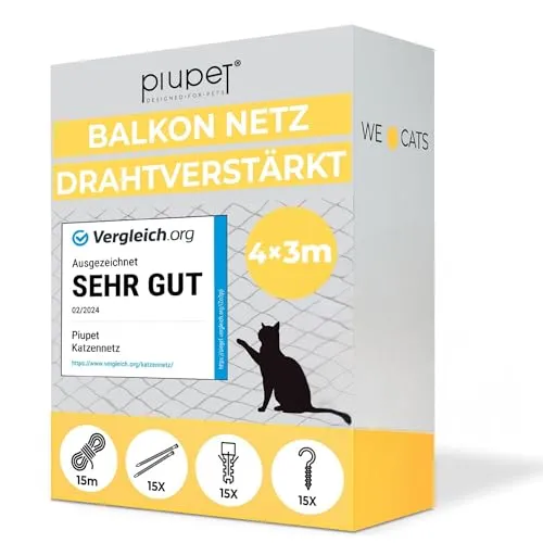 PiuPet Tiersicherheitsnetz Katzennetz Drahtverstärkt - Trenngitter für Balkon & Fenster, extra-verbissfestes Drahtnetz sorgt für maximale Sicherheit und Sicht für deine Katze, ideal für frische Luft und mehr Freiraum.