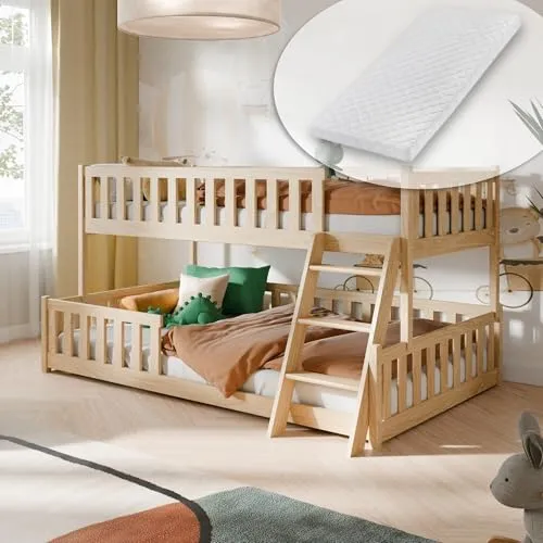 Kids Collective Etagenbett 90x200 / 120x200 mit Rausfallschutz - Platzsparendes Etagenbett aus massivem Kiefernholz mit zwei Liegeflächen (90x200 cm oben, 120x200 cm unten). Ideal für Kinder von 4 bis 16 Jahren. Sicherer Aufstieg durch stabile Leiter und umlaufenden Rausfallschutz.