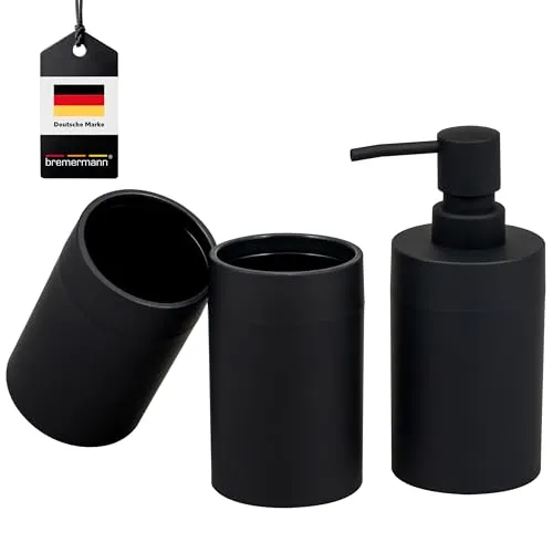 bremermann Badezimmer-Set Savona 3tlg. mit Soft-Touch Oberfläche - Praktisches 3-teiliges Set für Ihr Badezimmer: Der nachfüllbare Seifenspender und zwei vielseitige Becher in modernem Design sind ideal für Waschplatz und Küche. Die Soft-Touch-Oberfläche sorgt für sicheren Halt und einfache Reinigung.