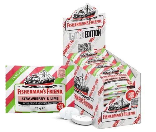 Fishermans Friend Erdbeere & Limette ohne Zucker - 24 Beutel - Zuckerfreie Pastillen mit fruchtigem Erdbeere-Limette-Geschmack, ideal für alle Gelegenheiten. Praktische Beutelverpackung für unterwegs und Genuss ohne Reue.