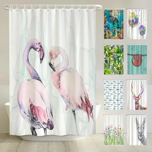 arteneur® Loving Flamingos Duschvorhang 180x200 - Duschvorhang aus recyceltem Polyester, antibakteriell und schimmelresistent. Mit beschwertem Saum für perfekten Halt und tollem Digitaldruck-Design. Inklusive 12 Ringen und E-Book mit Reinigungs-Tipps!