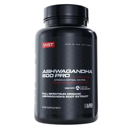 VAST Ashwagandha 600 PRO – Premium KSM-66 Ashwagandha Wurzextrakt – Hochdosiert 600mg pro Portion – 2 Monatsration mit 120 vegane Kapseln – mit Magnesium und Vitamin B6 – Höchste Bioverfügbarkeit