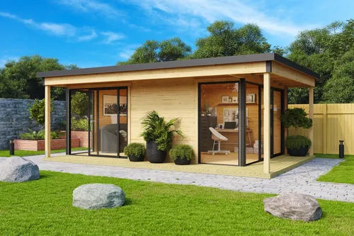Domeo 3 Gartenhaus Blockhaus Pultdach 44 mm - Geräumiges Gartenhaus mit 22.8 m² Nutzfläche und abschließbaren Türen. Ideal für Gartenliebhaber, die zusätzlichen Stauraum und einen attraktiven Rückzugsort im Freien suchen.