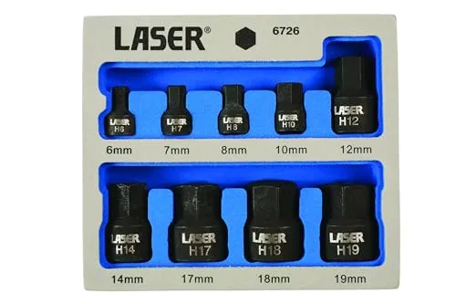 Laser 6726 Low Profile Impact Hex Socket Bit Set 1/4"D, 3/8"D 9pc, Silver