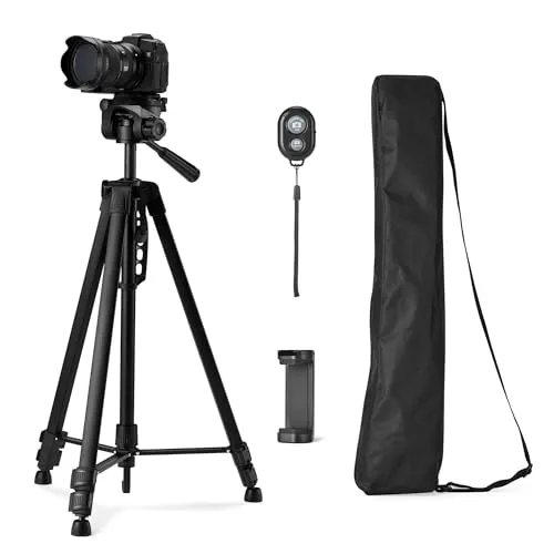 Amazon Basics Telefon- und DSLR-Kamerastativ, 152,0cm (60,0in), Leicht, mit Tasche, kabelloser Fernbedienung und Telefonhalterung, Höhenverstellbar, Schwarz
