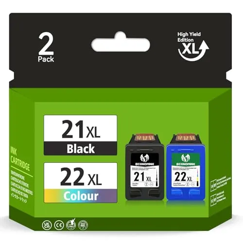 Economink 21XL 22XL Schwarz und Farbe Druckerpatronen Multipack - Kompatibles Multipack mit 1 Schwarz und 1 Tricolor Patrone für zahlreiche HP Drucker. Hohe Kapazität: 520 Seiten Schwarz und 500 Seiten Farbe bei 5% Deckung, hergestellt aus recycelten Materialien.