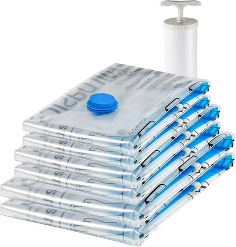 Amazon Basics Vakuumkompressions-Aufbewahrungsbeutel mit Handpumpe, Reißverschluss, 6er-Pack (2 x Jumbogröße, 2 x Größe L, 2 x Größe M), Mehrere, Farblos, Transparent