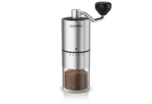 Arendo Manuelle Kaffeemühle mit Keramikmahlwerk – Edelstahl, 5 Mahlgradeinstellungen - Erlebe frisch gemahlenen Kaffee mit der Arendo Handkaffeemühle. Das langlebige Keramikmahlwerk und die fünf Mahlgradeinstellungen ermöglichen dir, das perfekte Aroma für jeden Kaffeegenuss zu erzielen.