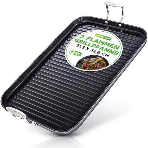 NutriChef Grillplatte 56x32cm - Antihaftbeschichtete Plancha Grillplatte - Grillplatten: Mit ergonomischen, kühl bleibenden Griffen und hitzebeständig bis 260 °C – perfekt für BBQ & Indoor Grill, mit gleichmäßiger Hitzeverteilung für optimale Garergebnisse.