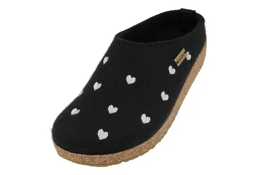 Haflinger Grizzly Cuoricino Filzclog – Unisex Hausschuh mit Herzmotiv in Schwarz/Silber (Gr. 40) - Bequemer Filzclog aus reinem Wollfilz für drinnen und draußen. Mit Kork-Latex Fußbett bietet er optimalen Komfort. Ideal für entspannte Stunden zu Hause.