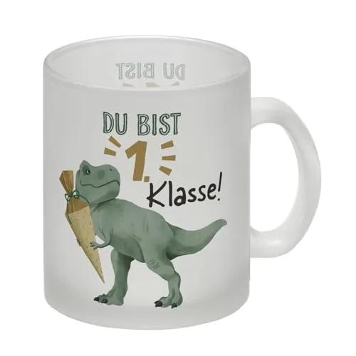 Dino mit Schultüte Glas Tasse mit Spruch Du bist 1. Klasse! zum Schulanfang Lustiger T-Rex Glas Tasse für Schulkinder zur Einschulung