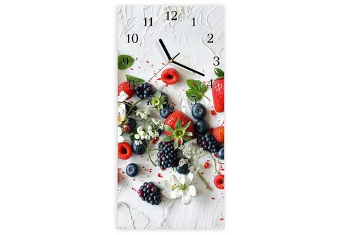 Primedeco Wanduhr Glasuhr Wandkunst Größe 30 x 60 cm mit Motiv Bunte Beeren