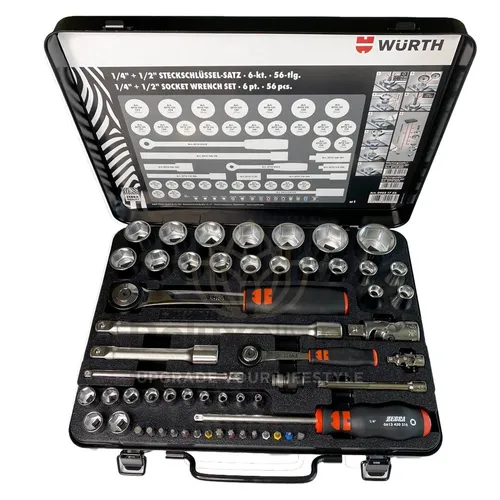Würth Steckschlüsselsatz Zebra 56-teilig - Ratschen / Knarren: Hochwertiger 56-teilig Steckschlüsselsatz mit 1/4 und 1/2 Zoll für vielseitige Anwendungen, ideal für Profis und Hobby-Handwerker.