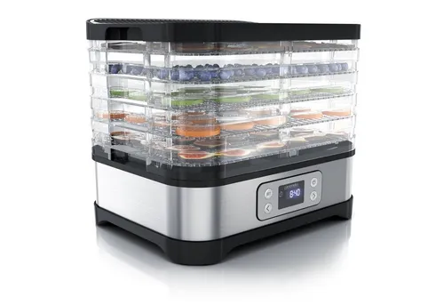 Arendo Dörrautomat mit Temperaturregler – Gesunde Snacks selbstgemacht - Dörrautomat in Edelstahl-Design mit 5 Einlegefächern und einstellbarer Temperatur von 35° - 70°C. Perfekt für luftgetrocknete Snacks voller Vitamine, ideal für unterwegs!
