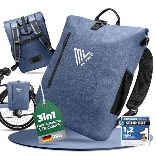 MIVELO 3in1 Fahrradtasche - Gepäckträgertasche und Rucksack, jeansblau - Fahrradtasche mit wasserdichtem Material und praktischem Quick-Connect-System. Ideal für Radsport mit 20L Volumen und gepolstertem Laptopfach für 15,6 Zoll.