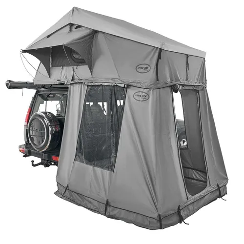 Prime Tech Autodachzelt Extended L + Vorzelt (grau) - Wasserdichtes Auto-Zelt aus Ripstop-Polyester mit 3 Fenstern, ideal für Abenteuer und Camping.