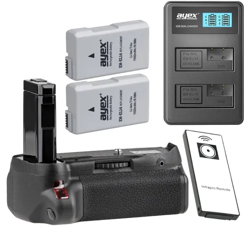 ayex Batteriegriff für Nikon D5500/D5600 mit IR-Fernauslöser - Foto- & Video-Zubehör: Ergonomischer Batteriegriff mit 2 x EN-EL14 Akkus und USB Dual Ladegerät für längere Fotosessions und höchste Flexibilität.