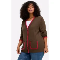 sheego Strickjacke 366468_44 – Stylisch und Bequem - Modische Strickjacke mit V-Ausschnitt, aufgesetzten Taschen und weichem Flauschgarn. Die gerade Form und elastischen Rippbündchen sorgen für optimalen Tragekomfort. Ideal für entspannte Looks.