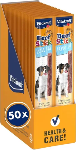 Vitakraft Beef Stick Low Fat - 50 x 12g - Katzenfutter mit 20% weniger Fett, ideal für Hunde mit Gewichtsproblemen. Unterstützt die Fettverbrennung mit L-Carnitin und bietet hochwertige Proteine aus magerem Putenfleisch.