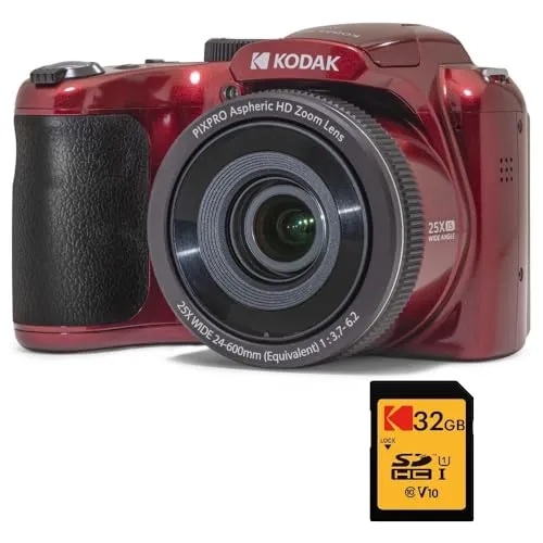 Kodak Pixpro Astro Zoom AZ255 + SD-Speicherkarte 32 GB – Digital-Bridge-Kamera 16 MP, 25-facher Zoom, Video HD 1080p, Weitwinkel 24 mm, LCD-Display 3, AA-Batterie – Rot