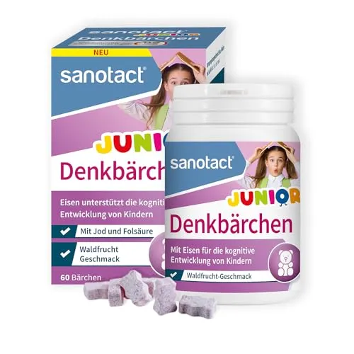 sanotact Denkbärchen Junior (60 Lutschtabletten) • Mit Eisen, Folsäure & Jod • Eisen Tabletten für die kognitive Entwicklung bei Kindern • Vitamine für Kinder • Waldfrucht-Geschmack