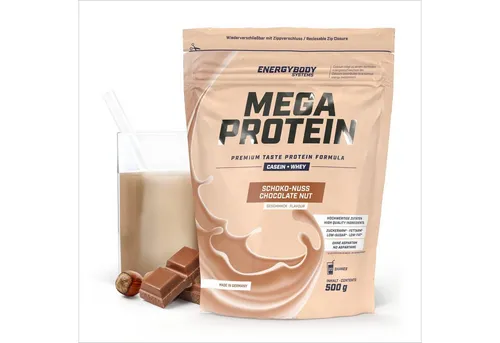 Energybody Mega Protein "Schoko-Nuss" 500 g - Eiweißpulver für vielseitige Anwendungen - Leckeres Mehrkomponenten Proteinpulver mit Casein und Whey für eine proteinreiche Zwischenmahlzeit. Ideal für Fitness-Enthusiasten und vielseitig einsetzbar, z.B. in Shakes, Porridge oder Pancakes.