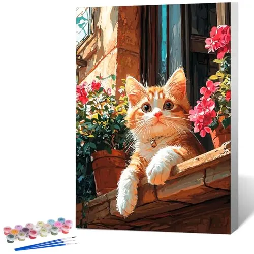 OkarinaArt Malen nach Zahlen für Erwachsene mit Rahmen – Süße Katze & Tiere, Framed Paint by Numbers Set auf Leinwand für DIY Wanddekoration, 20 x 30 cm