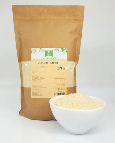 Mandelmehl 1 kg von der Grünen Essenz - Naturbelassenes Mandelmehl aus blanchierten Mandeln, ideal für low carb und keto Backwaren. Perfekt für Macarons, Kuchen und Kekse.