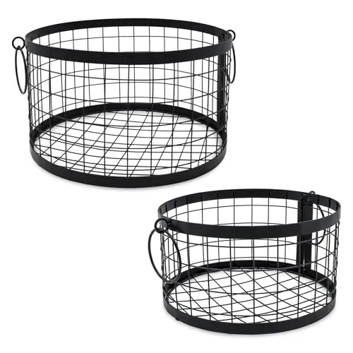 Metall Gitterkorb rund mit Griffen schwarz 2er Set - 27/22 cm - Regalkorb im Industrial Design in 2 verschiedenen Größen - Korbset Dekokorb Drahtkorb Aufbewahrungskorb Metallkorb