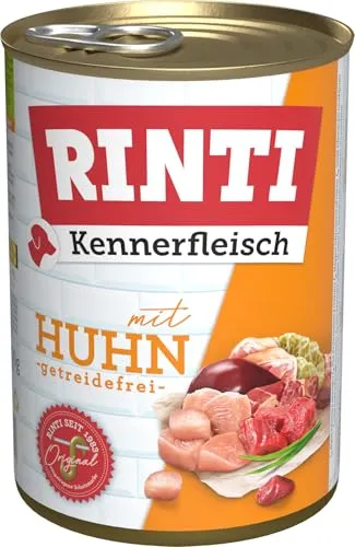 RINTI Kennerfleisch Huhn 24 x 400 g - Hochwertiges Hundefutter - Reich an 70% Fleisch und Innereien. Ohne Getreide und Konservierungsstoffe bietet dieses Nassfutter für Hunde eine ausgewogene Ernährung und unterstützt die Verdauung. Ideal für ausgewachsene Hunde.