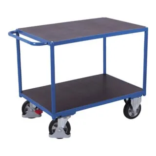 Schwerlasttischwagen 2xLF Ladefl. 995 x 700 - Werkstattwagen mit 2 robusten Ladeflächen, Traglast bis 1000 kg, pulverbeschichtet in RAL 5010. Ideal für schwere Lasten und perfekte Handhabung durch hochwertige Elastik-Vollgummi-Bereifung.