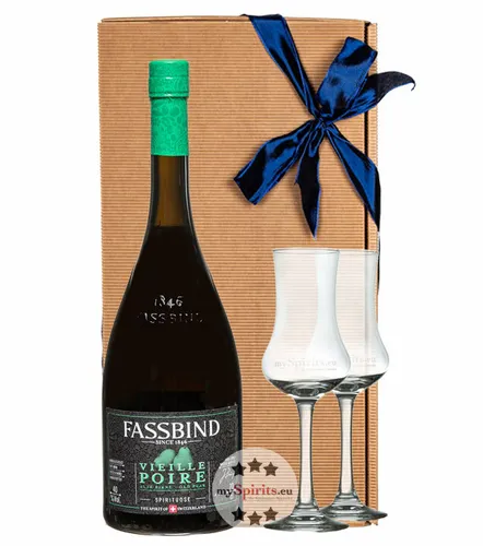 Fassbind Geschenk-Set Vieille Poire mit 2 Kelchgläsern - Obstbrände – Holzfassgereifte Birne im Set mit 2 eleganten Kelchgläsern, ideal zum Verschenken oder Genießen.