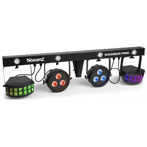 BeamZ Showbar FREE - Partybar Lichtanlage LED Bar DMX Disco Licht Party Lichter Discolicht Partylicht mit 2x PAR-Spots, 2x Derby-Lichteffekten und LED Strobo mit Fernbedienung und Tasche
