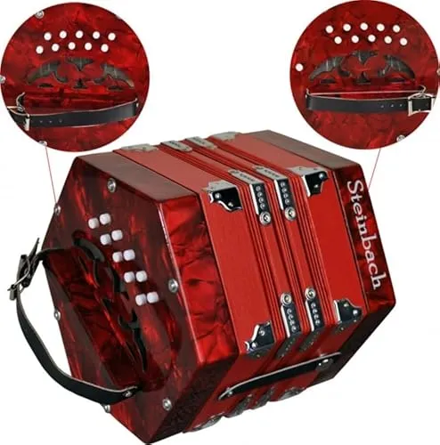 Steinbach Concertina in rot mit 20 Diatonischen Tönen - Knopfakkordeon mit 2 x 10 Diskantknöpfen, ideal für Einsteiger und Musikliebhaber, die eine tragbare Option suchen.