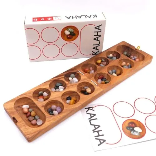 ROMBOL Denkspiele Kalaha - Hochwertiges Steinchenspiel mit Halbedelsteinen - Farblernspiel für 2 Spieler, fördert logisches Denken und Feinmotorik. Ideal für Kinder ab 6 Jahren und aus nachhaltigem Holz gefertigt.
