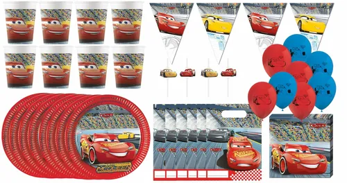 Cars Kindergeburtstags Set 55-teilig mit Teller, Becher und Servietten - Feier deinen Geburtstag mit dem Cars Kindergeburtstags-Set! Ideal für Jungen von 5-12 Jahren, enthält alles für eine gelungene Party: Teller, Becher, Servietten und mehr.