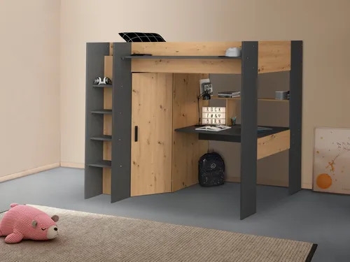 Parisot Hochbett Heavy ALL-IN-ONE mit Kleiderschrank und Schreibtisch - Vielseitiges Hochbett mit integriertem Kleiderschrank und Schreibtisch, ideal für platzsparende Lösungen im Kinderzimmer oder Jugendzimmer.